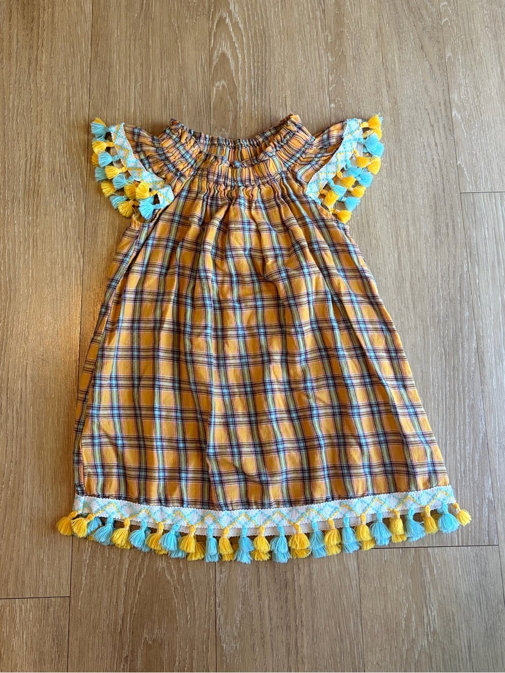Girls Yellow Plaid Dress w/ Tassel Details